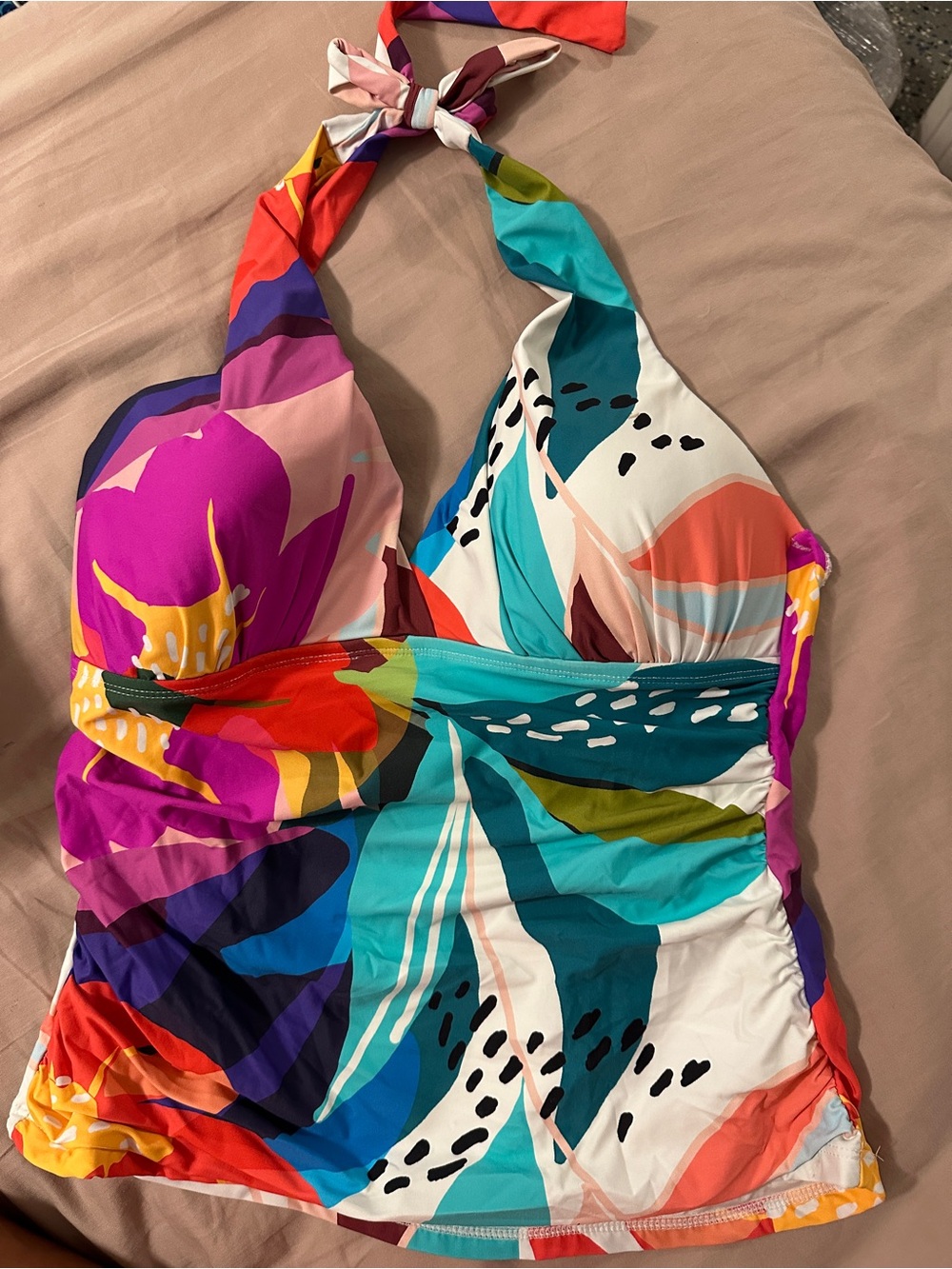 Colorful Tropical Halter women’s One-Piece Swimsuit with matching bikini bottom